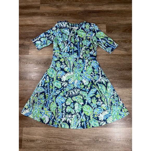 Gretchen Scott XS Floral A-Line Dress Blue Green Twirly Whirly Short Sleeve - Picture 2 of 10